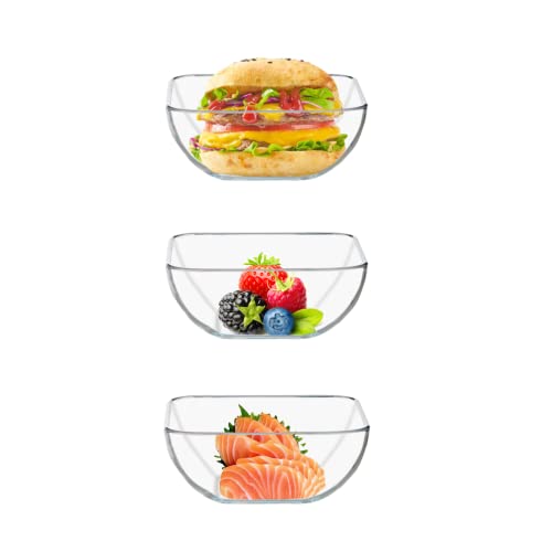FORVINO Tempered Glass Mixing Bowls Set of 3 - Microwave Safe Glass Salad Bowls for Mixing, Storing, and Serving，Ice cream | Soup | Rice Bowls- Square Bowl (5 inch) - Square Bowl-5inch