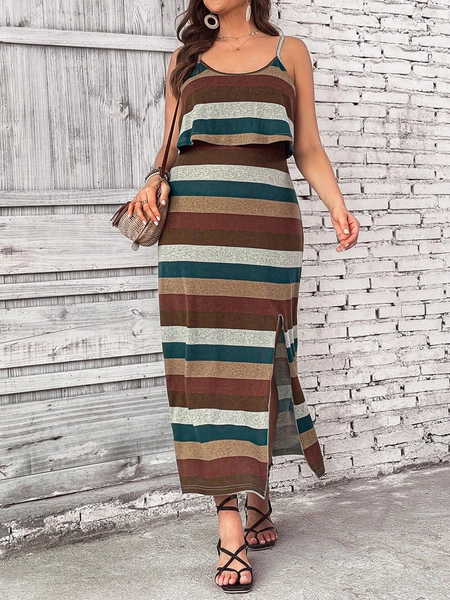 SHEIN LUNE Plus Striped Print Split Thigh Cami Dress