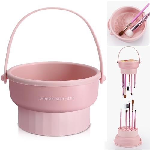 Makeup Brush Cleaner Mat 3 in 1 Silicone Makeup Brush Cleaner Bowl Cosmetic Brushes Cleaning Tool Organizer for Storage and Air Dry (Pink) - Pink