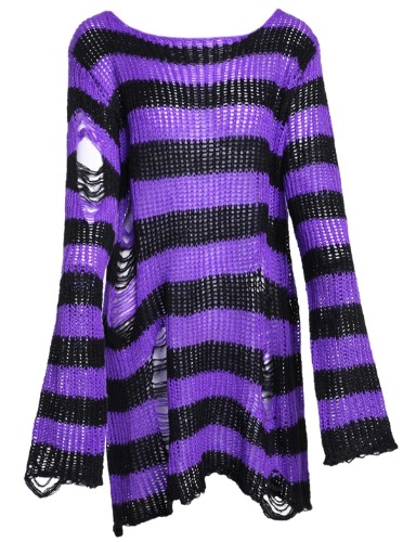 Peaceglad Womens Oversized Goth Punk Ripped Striped Long Sleeve Pullover Sweater Dress Tops - Purple One Size