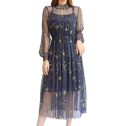 Women Summer Chiffon Dress Stars Moon Print Embroidered Skirt Long Puff Sleeve Princess Dress - # 3 (Dark Blue) Large