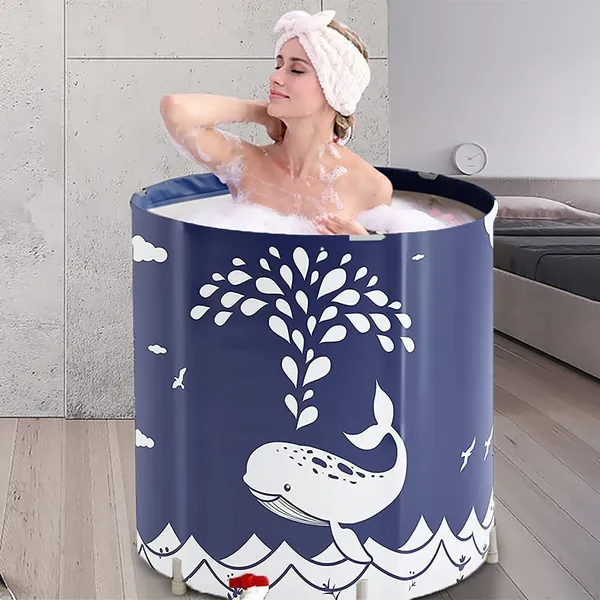 Portable Bathtub, Japanese Soaking Bath Tub for Shower Stall, Foldable Bathtub with Thermal Foam, Freestanding, Folding & Soaking Spa Bath Tub with Pillow for Small Space, Eco-Friendly Bathing Tub for Shower Stall ,Home Travel Use(Blue)