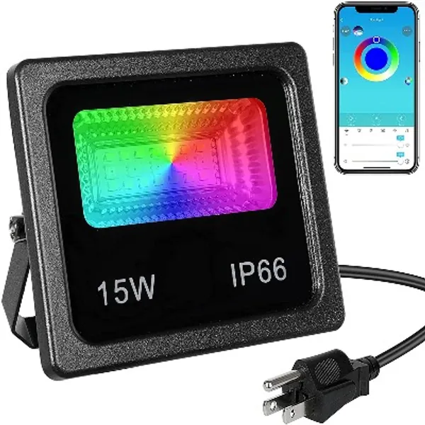 LED Flood Lights, Outdoor 15W Smart Floodlight APP Control, Colour Changing Bluetooth LED Floodlight,16 Million Colors,Timing Music Sync,IP66 Waterproof RGB Lights for Garden Landscape (15W, 1Pack)