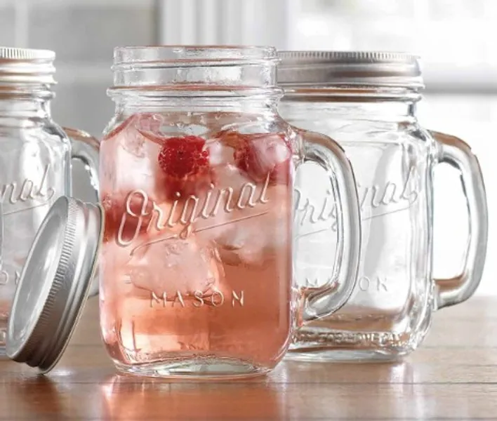 Mason Jar 16 Oz. Glass Mugs with Handle and Lid Set Of 4 Glaver's Old Fashioned Drinking Glass Bottles Original Mason Jar Pint Sized Cup Set.