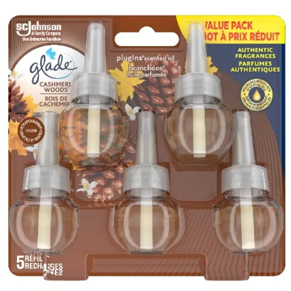 Glade PlugIns Air Freshener Oil Refill, Scented and Essential Oils for Home and Bathroom, Cashmere Woods, 5 Count