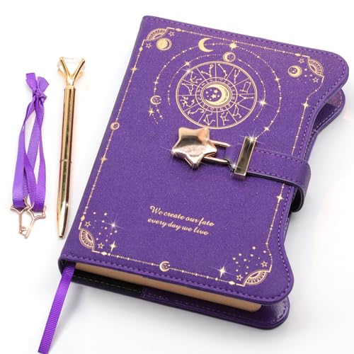 Hoci Poci Diary with Lock and Keys for Girls Gift Ideas, 360 Kraft Pages Journal for Women, B6 Refillable Notebook for Writing with Pen and Bookmark (Astro Purple) - AstroZodiac - Purple Fog