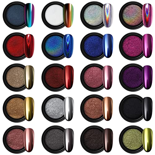 Artdone 20 Jars Chrome Nail Powder Set Metallic Mirror Effect Holographic Aurora Chameleon Pigment 1g/Jar for Nail Art Glitters Gel Polish Supply Mermaid Unicorn Kit - 20jars