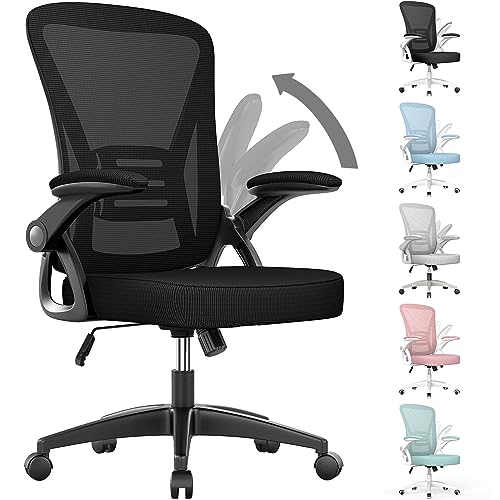 naspaluro Ergonomic Office Chair, Mid Back Desk Chair with Adjustable Height, Swivel Chair with Flip-Up Arms and Lumbar Support, Breathable Mesh Computer Chair for Home/Study/Working, Dark Black - Dark Black - Dark Black without Headrest