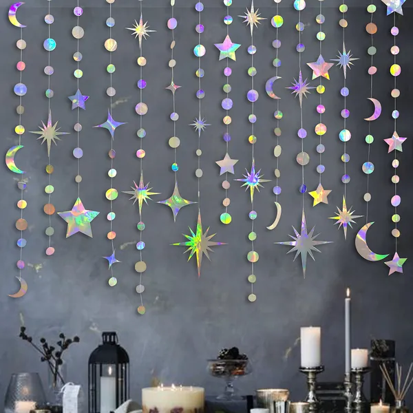Iridescent Star Moon Circle Dot Garland Party Decoration Kit Hanging Crescent and Twinkle Little Star Streamer Bunting Banner for Kids First Birthday Ramadan EID Mubarak Baby Shower Wedding Decor