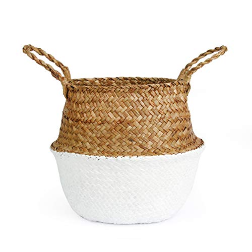BlueMake Woven Seagrass Belly Basket for Storage, Laundry, Picnic, Plant Pot Cover, and Grocery and Toy Storage (Medium, White) - White - Medium