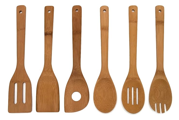Lipper International 826-06 Bamboo Wood Kitchen Tools – 6-Piece Set in Mesh Bag, 6-Pack – Includes Slotted Spatula, Spatula, Pointy Spoon, Spoon, Slotted Spoon – Eco-Friendly, Hand Wash Only - 6-Piece Set, 12" x 2 1/2" x 1/4", 6-Pack - Bamboo Wood