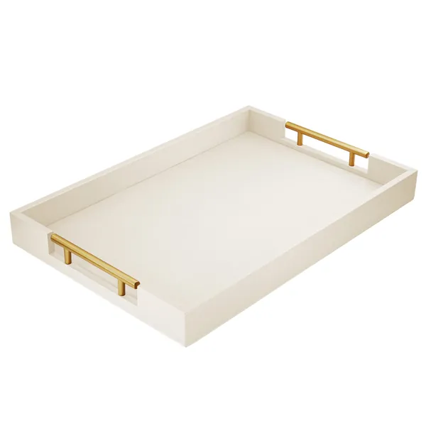 17" x 12" Wood Serving Tray with Gold Polished Metal Handles, Home Decorative Wooden Rectangle Ottoman Decor Platter Bathroom Vanity Tray for All Occasions White - White-2 17 x 12 inch