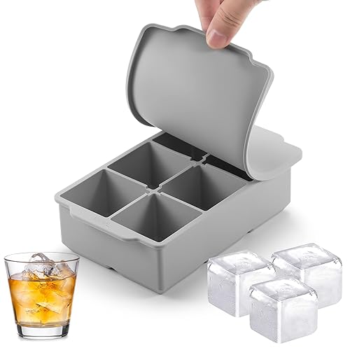 Nax Caki Large Ice Cube Tray with Lid, Stackable Big Silicone Square Ice Cube Mold for Whiskey Cocktails Bourbon Soups Frozen Treats, Easy Release BPA Free - Grey Pack of 1