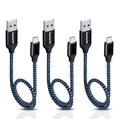 iSeekerKit Short Micro USB Cable 1Ft Nylon Braided Fast USB Charging Cord Compatible for External Battery Charger, Samsung, HTC, LG, Android and More [3 Pack] (Black)