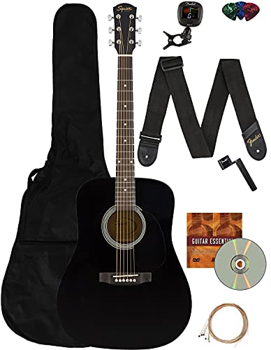 Fender Squier Dreadnought Acoustic Guitar - Black Learn-to-Play Bundle with Gig Bag, Tuner, Strap, Strings, String Winder, Picks, Fender Play Online Lessons, and Austin Bazaar Instructional DVD - SA-150 - Black