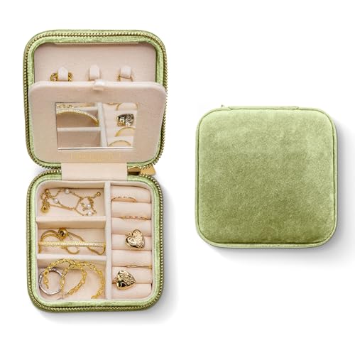Plush Velvet Jewelry Travel Case - Small Organizer Box with Mirror for Women - Mistletoe Green - Light Green