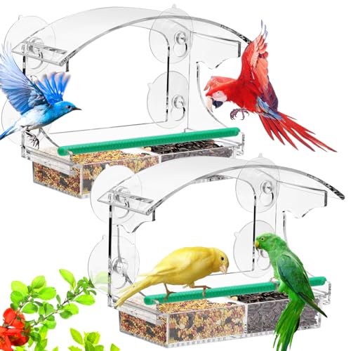 Set of 2 Window Bird Feeder with 4 Extra Strong Suction Cups, Clear Window Bird Feeders for Outside, Removable Tray, Bird Houses for Viewing Wild Birds Outside(8.7 ''x 3.8 ''x 7.1 '')