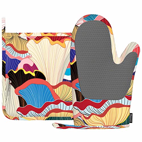 Mxocom Mushrooms Oven Mitts and Pot Holders Sets Beautiful Graphic Pattern of Colorful Silicone Heat Resistant Kitchen Oven Gloves Pot Holder for Cooking - Mushrooms