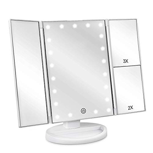deweisn Floor Mount Tri-Fold Lighted Vanity Mirror with 21 LED Lights, Touch Screen and 3X/2X/1X Magnification, Two Power Supply Modes Make Up Mirror,Travel Mirror - White
