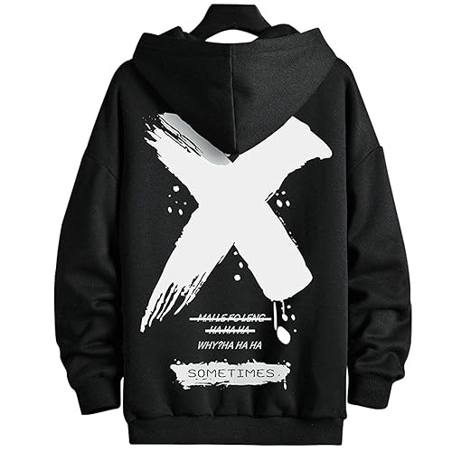 Moshtashio Men's Hoodie Hip Hop Graphic Fleece Hooded Pullover Vintage Printed Long Sleeve Sweatshirt Unisex Streetwear - 4X-Large - Black
