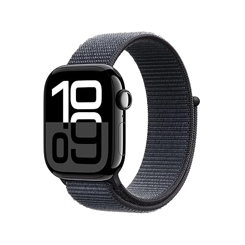 Apple Watch Series 10 [GPS 42mm case] Smartwatch with Jet Black Aluminium Case with Ink Sport Loop. Fitness Tracker, ECG App, Always-On Retina Display, Carbon Neutral - Jet Black Aluminium Case with Ink Sport Loop - 42mm case - One Size - Without AppleCare+