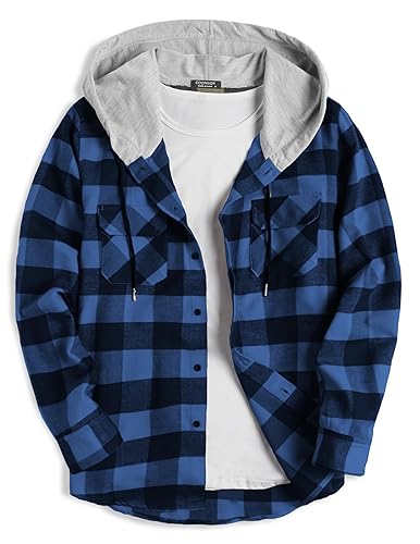 COOFANDY Men's Plaid Hoodie Flannel Shirt Jacket Long Sleeve Casual Fashion Button Shirts - Blue - 3X-Large