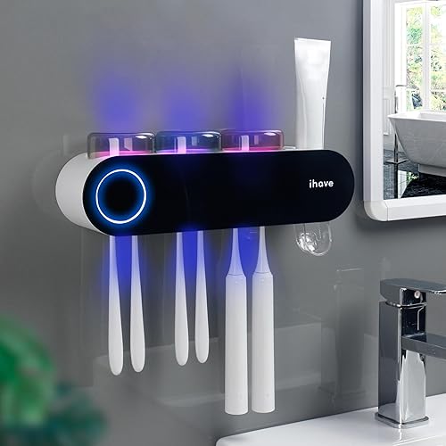 iHave Toothbrush Holders for Bathrooms, UV Toothbrush Sanitizer and Holder Smart Home Bathroom Accessories, 3 Cups Electric Toothbrush Holder Wall Mounted with Toothpaste Dispenser Bathroom Decor - Uv Black 3 Cup
