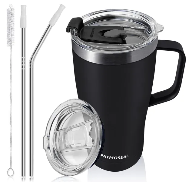 PATMOSEAL 20oz Insulated Travel Coffee Mug with Handle & 2 Spillproof Lids for Hot Drink, Stainless Steel Double Wall Tumbler Cup with Straws for Cold Drink Beer Whiskey Soda Ice Tea (Black)