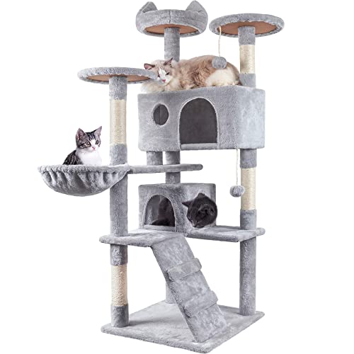 HOMIDEC Cat Tree, 151cm Scratching Post Stable Tower for Large Cat, Activity Centre Climbing Tree with 2 House, Hammock, 4 Sisal Posts, Ladder, and Rest Place Indoor - Grey, Cream