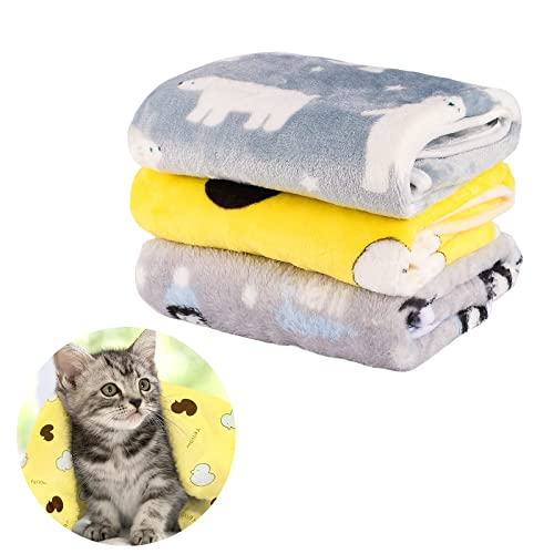SIVEIS Cat Blanket,3pack Kitten Fleece Blanket Washable for Indoor Cats,Puppy Dog Blanket Soft Warm Cushion Sleep Mat for Small Pet - Yellow/Blue/Gray 78 x 51 cm - M