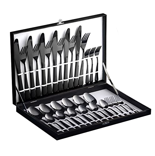 Velaze 30-Piece Black Silverware Flatware Cutlery Set, 18/10 Stainless Steel Utensils Service for 6 Person, Mirror Polished Design - Black - 30 piece