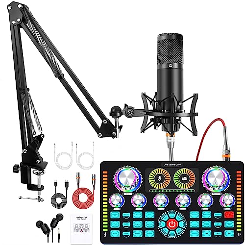Xisono Podcast Equipment Bundle,Audio Interface and XLR Condenser Microphone, Studio Equipment with 48V Phantom Power, Bluetooth for Podcast, Streaming, Voice Over, Singing, PC, Smartphone - Q7 Podcast Equipment Bundle - Black