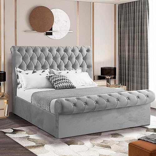Upholstered Gas Lift Up Bed Frame With Storage, Ottoman Storage Bed WIth Mattress Included, Velvet Double Bed Frame, Ottoman Storage Bed With Wooden Slats, (4ft6 Grey Double Bed Frame, With Mattress) - Double 4ft6 - With Mattress - Grey