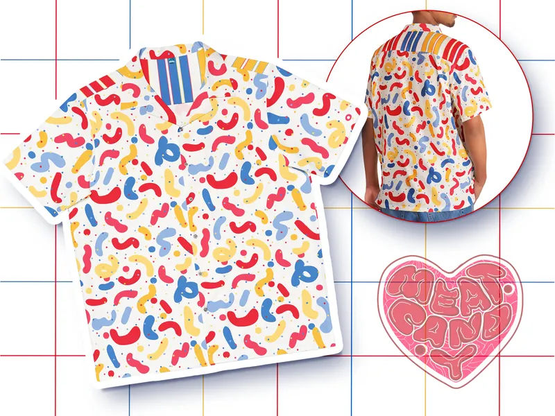 Clowncore Primary Colors Confetti Button Up Hawaiian Shirt - Colorful Bright Memphis Pattern Stripes Casual Plus Size Kidcore Clothes