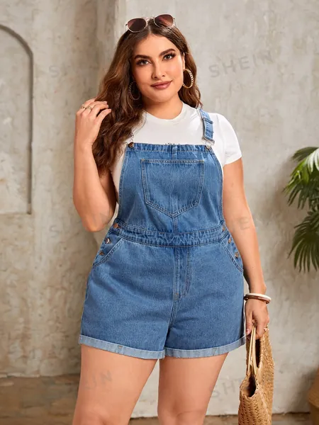 SHEIN Essnce Plus Roll Hem Denim Overall Romper Without Tee