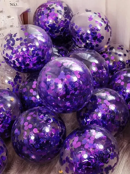 12pcs 12inch Multicolor Confetti And Purple Glitter Balloons, Party Decoration For Birthday And Wedding
