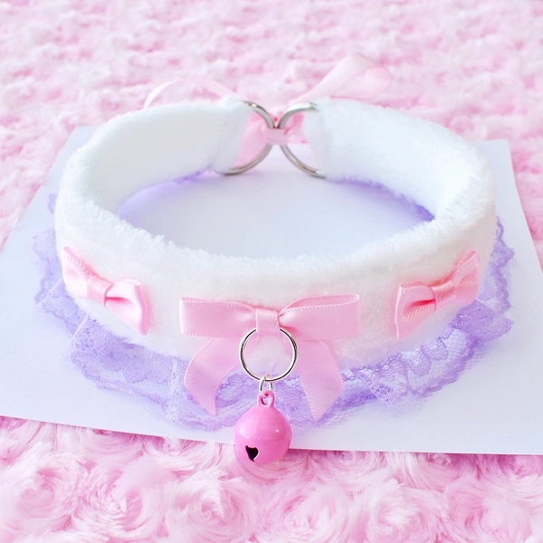 White, Purple & Pink Fuffy Kitten Collar | Pet Play Cosplay Gear Adult Ruffles Lace Bow Kawaii