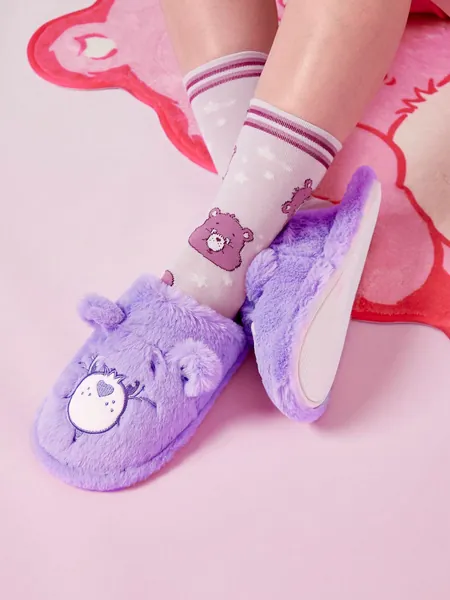 SHEIN X Care Bears Women's Fashionable & Lovely Purple Plush Warm & Fun Indoor Slippers With Heart Shaped Bear Design