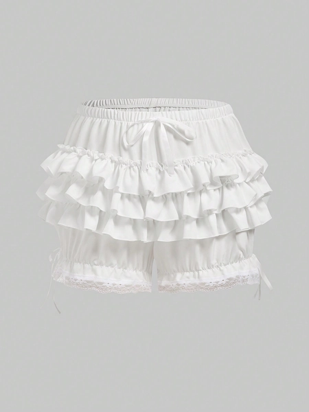 ROMWE Kawaii Plus Size Lace Trim Layered Ruffle Hem Shorts