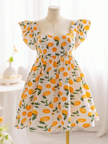 SHEIN WYWH Plus Size Women's Holiday Casual Lemon Fruit Print Sweetheart Neck Puff Sleeve A-Line Short Dress, Summer Vacation Style