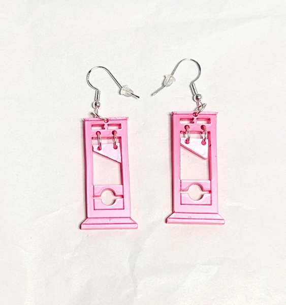 Mini Metallic Hot Pink Guillotines Earrings in Metallic Pink Acrylic, Guillotine Dangle Earrings, Spooky Scary, Pink Earrings, Ew Valentine