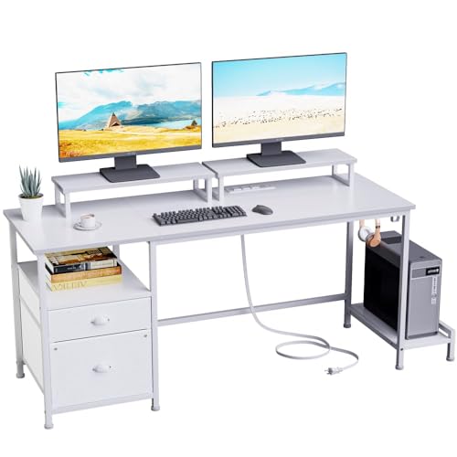 Furologee White Computer Desk with Drawer and Power Outlets, 55" Large Gaming Desk with Fabric File Cabinet and 2 Movable Monitor Shelves, Writing Table with CPU Stand and 2 Hooks for Home Office - White - 55"