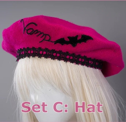 【In Stock】Uwowo Monster High Draculaura Vampire Spiderweb Cape Beret Gothic Dress Halloween Cosplay Costume - 【In Stock】Hat