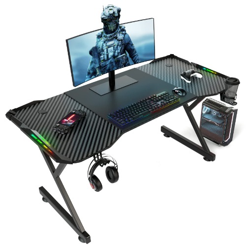 DLONGONE Gaming Desk with LED Lights, Home Office Gamer Desk, Ergonomic Computer Table with Large Carbon Fiber Desktop, 120 cm Office Workstation with Mouse Pad, Cup Holder & Headphone Hook, Black