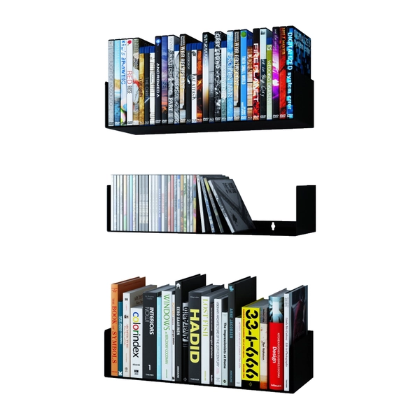 Wallniture Bali Black Bookshelf and CD DVD Storage Shelf Set of 3, Metal Floating Book Shelves for Wall