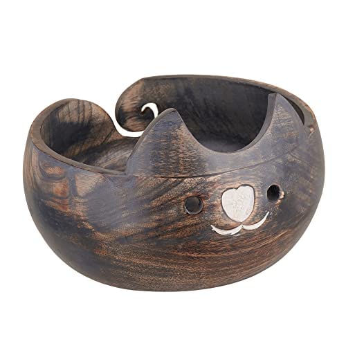 Knitting Gift for Women Wooden Yarn Bowl Knitting Cat Bowl Large Crochet Yarn Holder YB2203 Handmade Crocheting Accessories and Supplies Organizer 7 x 3" - Gray