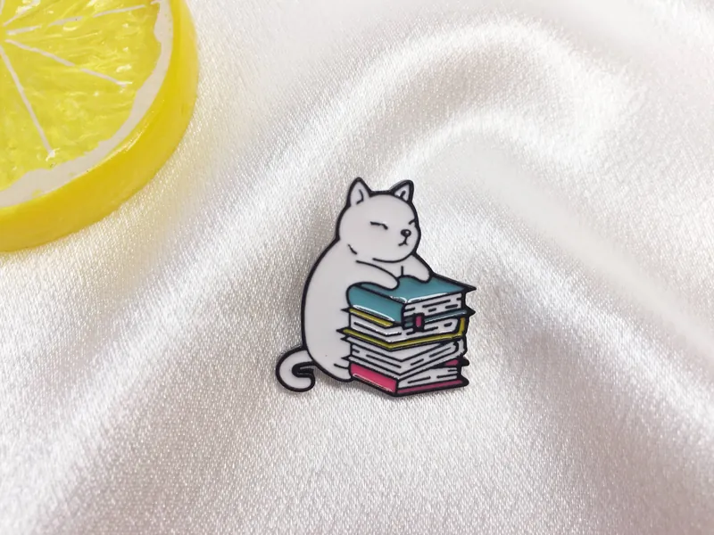 White Study Hard Cat enamel pin