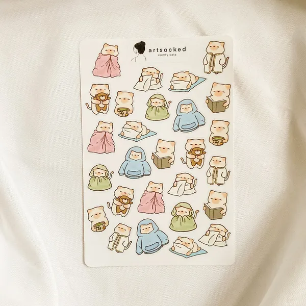 Comfy Cats Sticker Sheet, cute cozy kawaii adorable stationery, aesthetic stickers for bullet journal, planner, laptop, water bottle