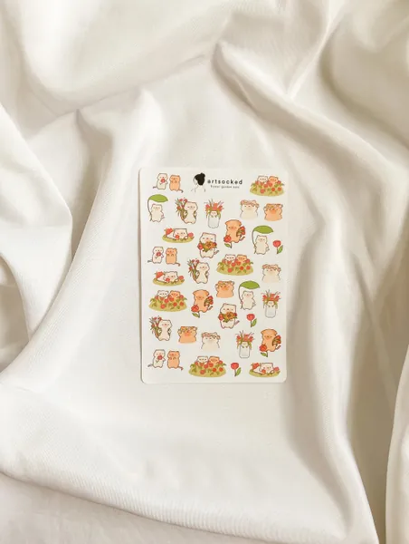 Flower Garden Cat Sticker Sheet, flower fields, cute kawaii stickers, bullet journal, planner, spring, summer aesthetic, tulip, roses