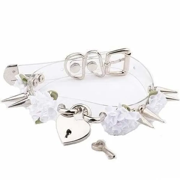 Clear Spiked Floral Choker - White Flower Silver